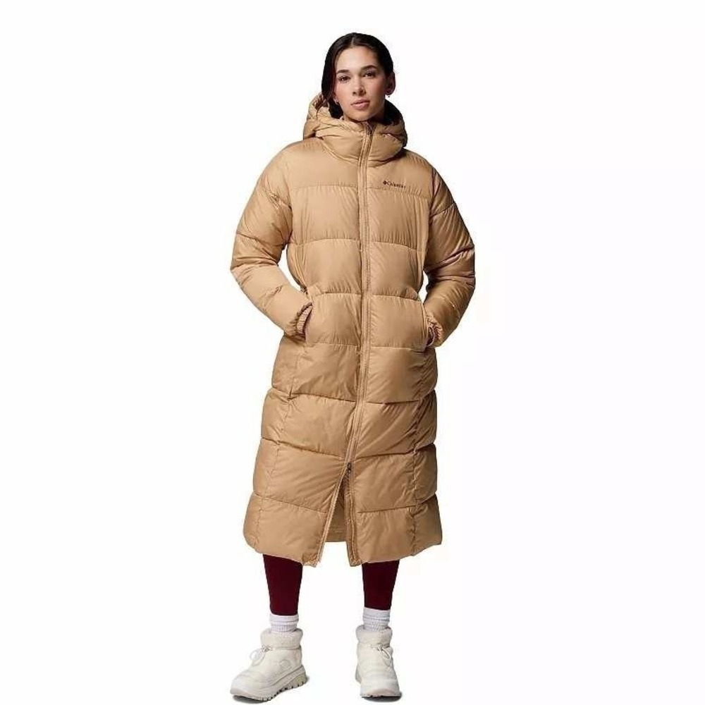 Columbia Women's Long Puffer Coat Hooded Full Zip Beige Down Winter Size L NWT